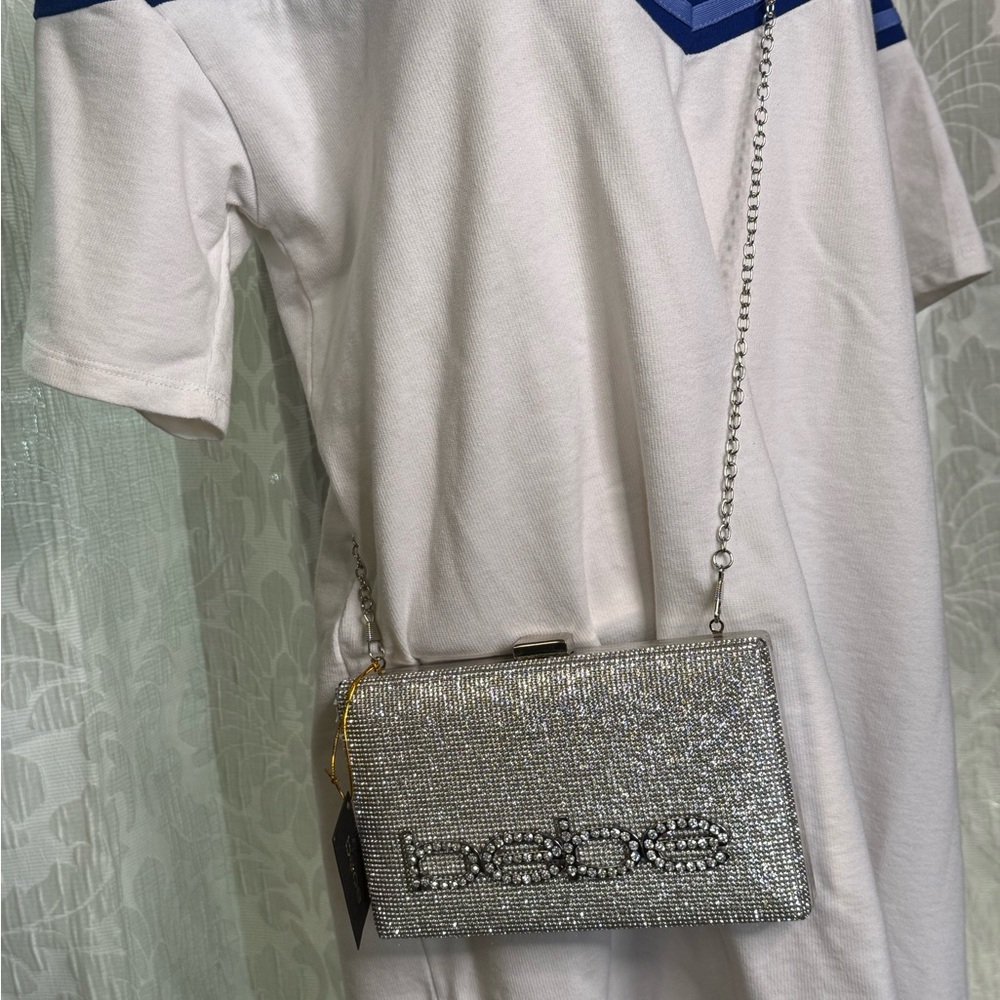 NWT- Bebe Silver Clutch Bag w/chain